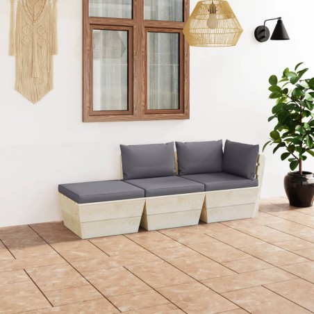 3-tlg. Garten-Sofagarnitur aus Paletten mit Kissen Fichtenholz