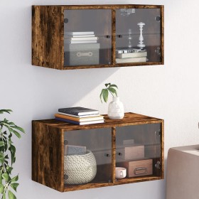 vidaXL Wandschränke mit Glastüren 2 Stk. Räuchereiche 68,5x37x35 cm