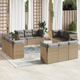 vidaXL 12-tlg. Garten-Sofagarnitur mit Kissen Beige Poly Rattan