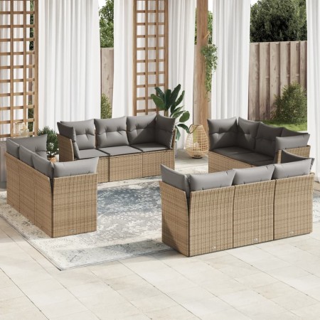 vidaXL 12-tlg. Garten-Sofagarnitur mit Kissen Beige Poly Rattan