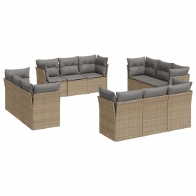 vidaXL 12-tlg. Garten-Sofagarnitur mit Kissen Beige Poly Rattan