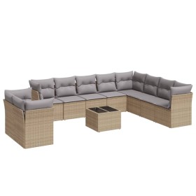 vidaXL 11-tlg. Garten-Sofagarnitur mit Kissen Beige Poly Rattan
