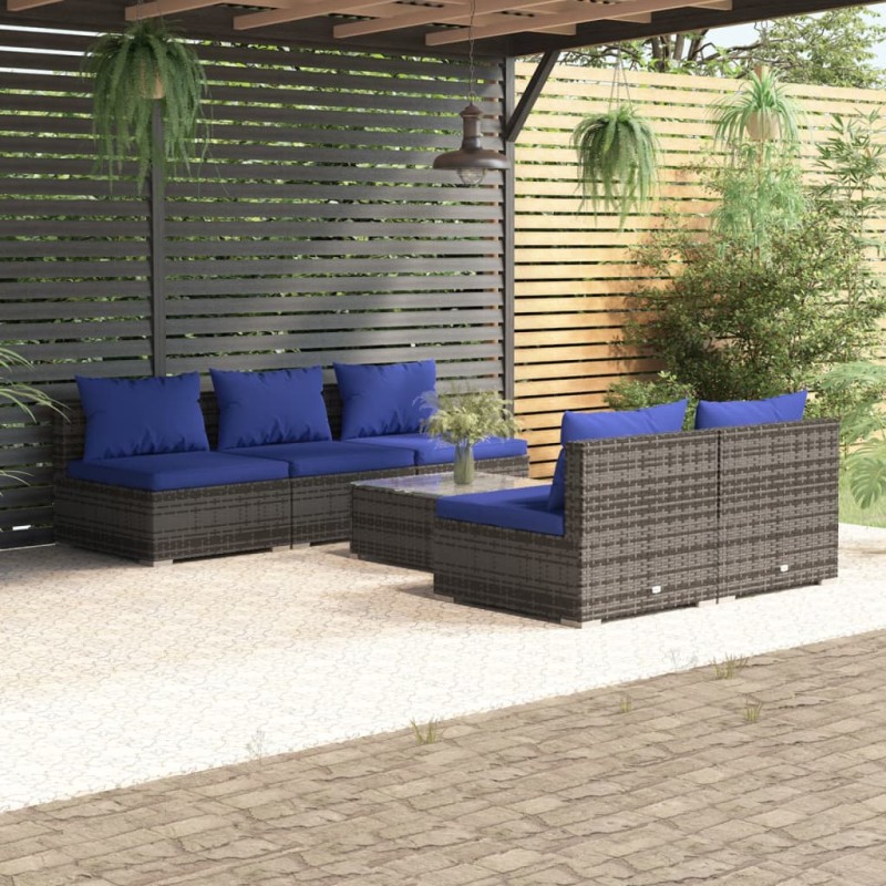 vidaXL 6-tlg. Garten-Lounge-Set mit Kissen Poly Rattan Grau vidaXL 6-tlg. Garten-Lounge-Set mit Kissen Poly Rattan Grau