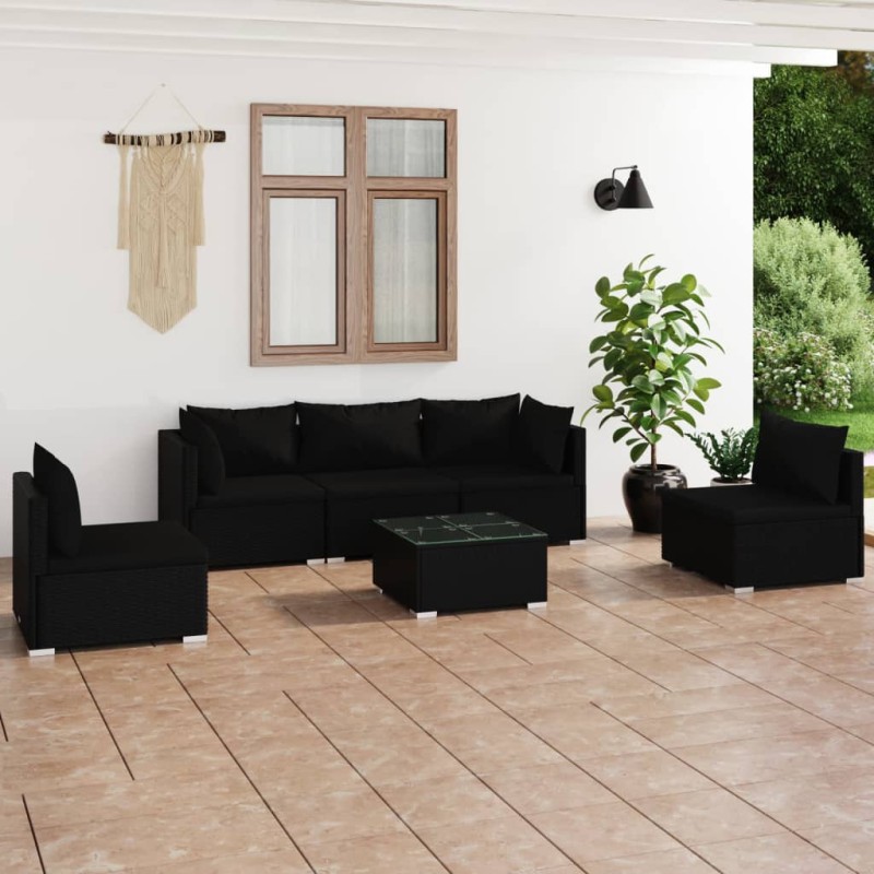 vidaXL 6-tlg. Garten-Lounge-Set mit Kissen Poly Rattan Schwarz vidaXL 6-tlg. Garten-Lounge-Set mit Kissen Poly Rattan Schwarz