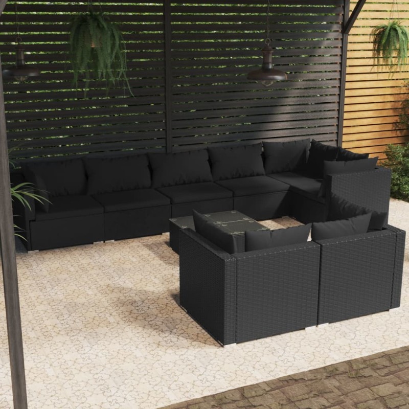 vidaXL 9-tlg. Garten-Lounge-Set mit Kissen Schwarz Poly Rattan vidaXL 9-tlg. Garten-Lounge-Set mit Kissen Schwarz Poly Rattan