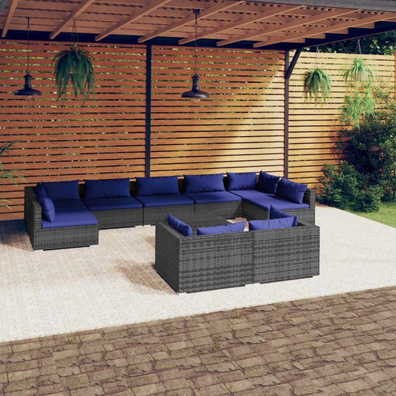 vidaXL 10-tlg. Garten-Lounge-Set mit Kissen Grau Poly Rattan vidaXL 10-tlg. Garten-Lounge-Set mit Kissen Grau Poly Rattan