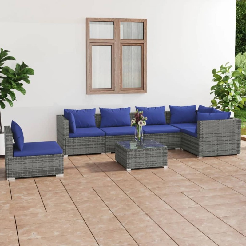 vidaXL 7-tlg. Garten-Lounge-Set mit Kissen Poly Rattan Grau vidaXL 7-tlg. Garten-Lounge-Set mit Kissen Poly Rattan Grau