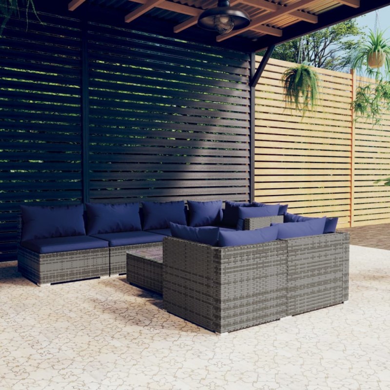 vidaXL 8-tlg. Garten-Lounge-Set mit Kissen Grau Poly Rattan vidaXL 8-tlg. Garten-Lounge-Set mit Kissen Grau Poly Rattan
