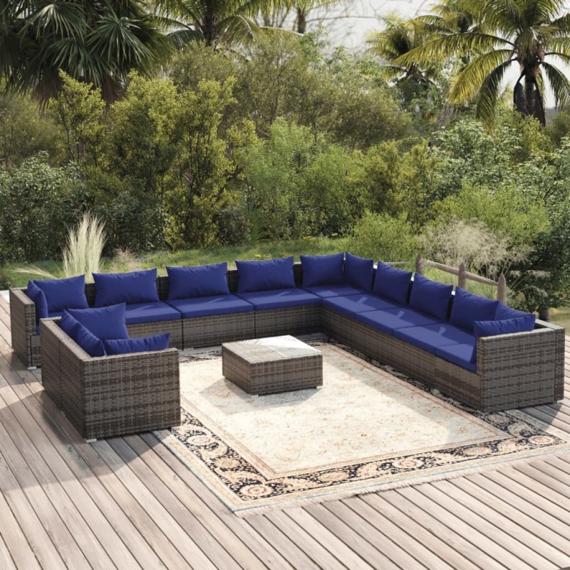 vidaXL 12-tlg. Garten-Lounge-Set mit Kissen Grau Poly Rattan vidaXL 12-tlg. Garten-Lounge-Set mit Kissen Grau Poly Rattan