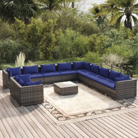 vidaXL 12-tlg. Garten-Lounge-Set mit Kissen Grau Poly Rattan