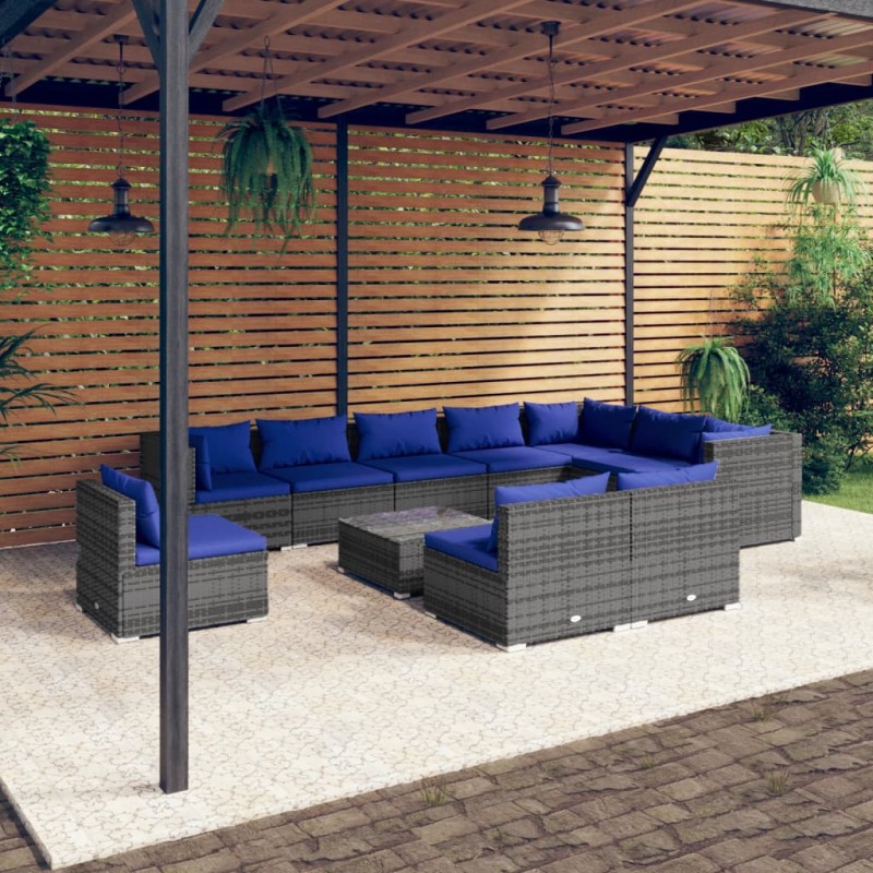 vidaXL 11-tlg. Garten-Lounge-Set mit Kissen Poly Rattan Grau vidaXL 11-tlg. Garten-Lounge-Set mit Kissen Poly Rattan Grau