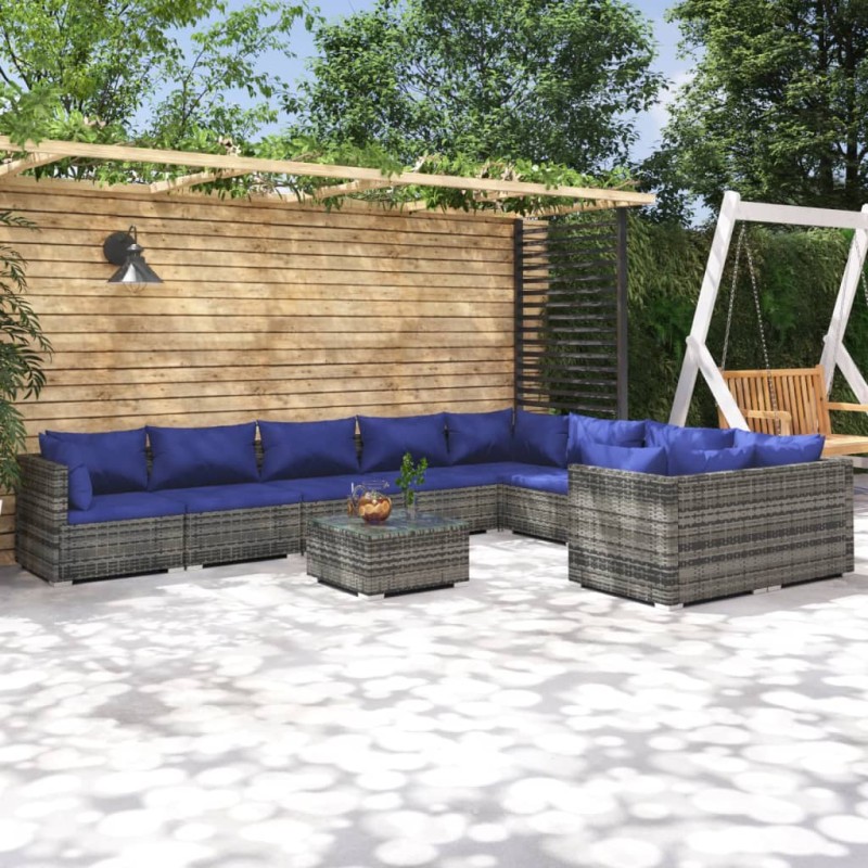 vidaXL 10-tlg. Garten-Lounge-Set mit Kissen Poly Rattan Grau vidaXL 10-tlg. Garten-Lounge-Set mit Kissen Poly Rattan Grau