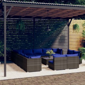 vidaXL 14-tlg. Garten-Lounge-Set mit Kissen Grau Poly Rattan