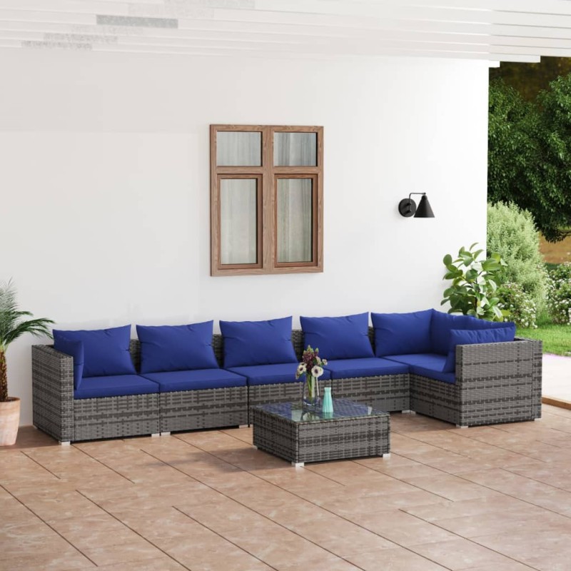 vidaXL 7-tlg. Garten-Lounge-Set mit Kissen Poly Rattan Grau vidaXL 7-tlg. Garten-Lounge-Set mit Kissen Poly Rattan Grau