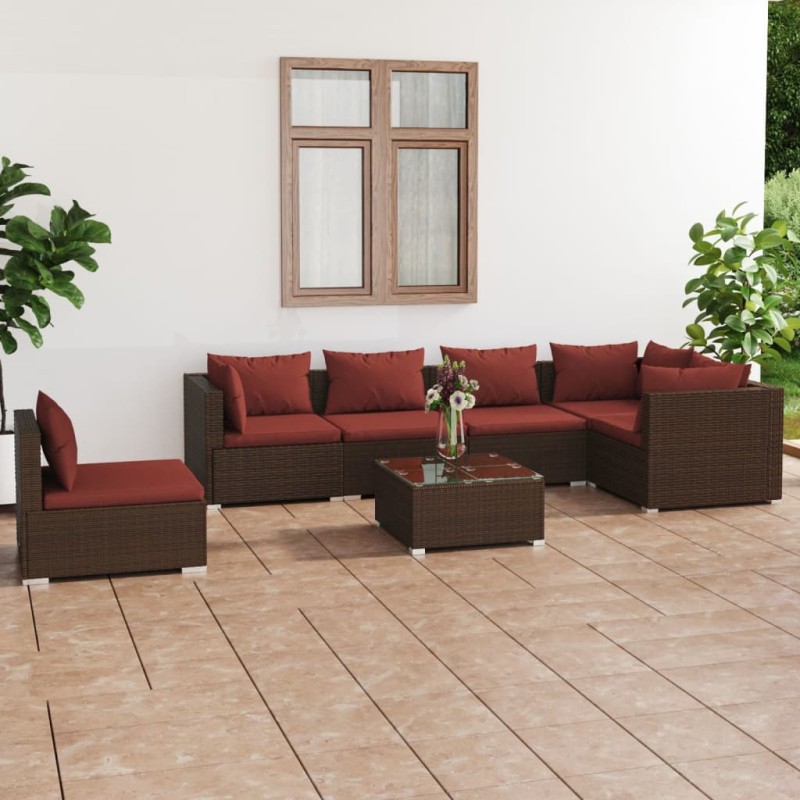 vidaXL 7-tlg. Garten-Lounge-Set mit Kissen Poly Rattan Braun vidaXL 7-tlg. Garten-Lounge-Set mit Kissen Poly Rattan Braun