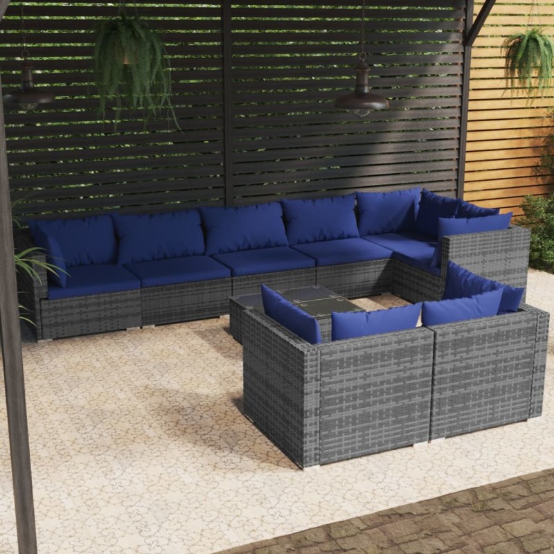 vidaXL 9-tlg. Garten-Lounge-Set mit Kissen Grau Poly Rattan vidaXL 9-tlg. Garten-Lounge-Set mit Kissen Grau Poly Rattan