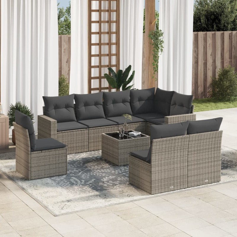vidaXL 9-tlg. Garten-Sofagarnitur mit Kissen Grau Poly Rattan vidaXL 9-tlg. Garten-Sofagarnitur mit Kissen Grau Poly Rattan