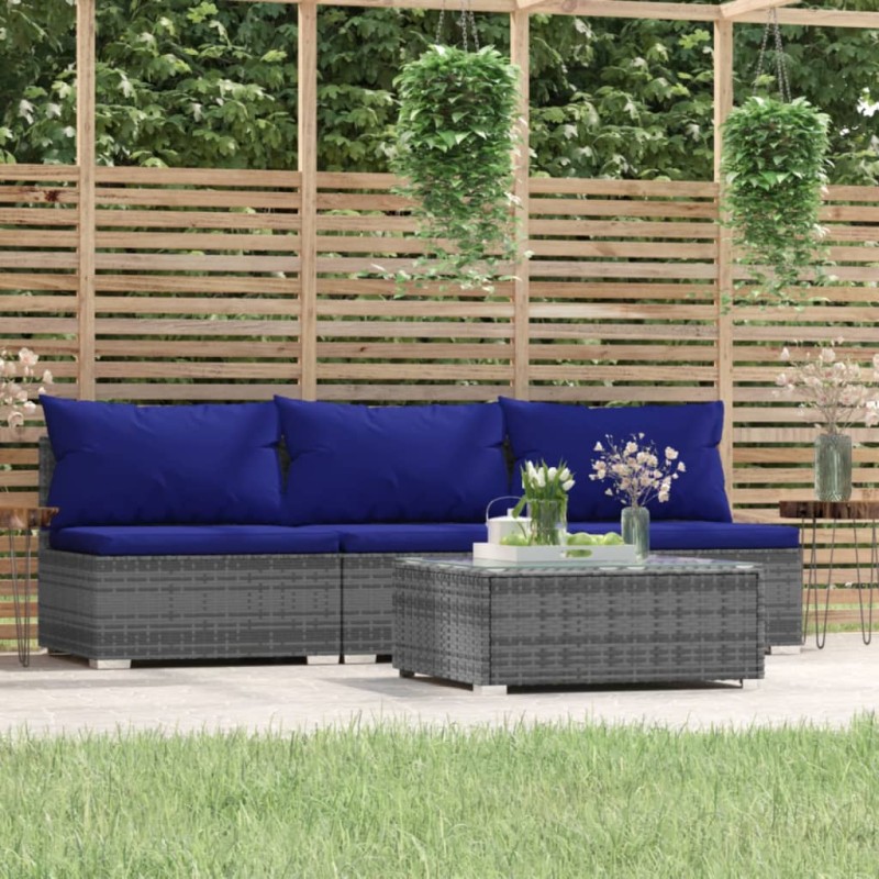 vidaXL 4-tlg. Garten-Lounge-Set mit Kissen Grau Poly Rattan vidaXL 4-tlg. Garten-Lounge-Set mit Kissen Grau Poly Rattan
