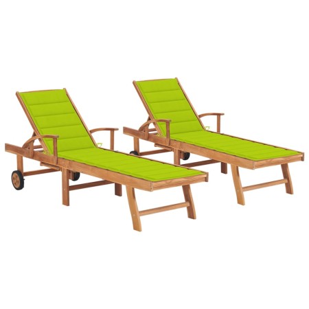 vidaXL Sonnenliegen 2 Stk. mit Auflagen Hellgrün Massivholz Teak