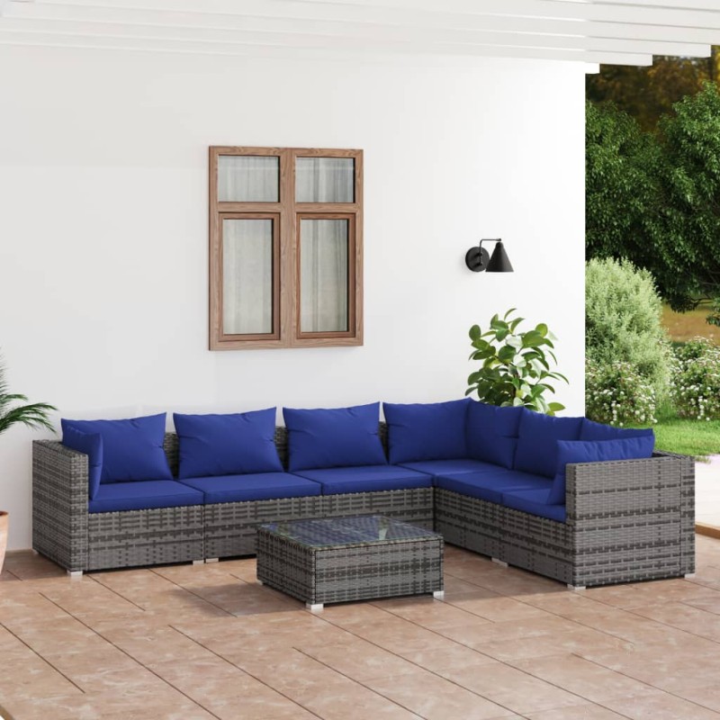 vidaXL 7-tlg. Garten-Lounge-Set mit Kissen Poly Rattan Grau vidaXL 7-tlg. Garten-Lounge-Set mit Kissen Poly Rattan Grau