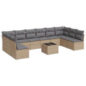vidaXL 11-tlg. Garten-Sofagarnitur mit Kissen Beige Poly Rattan