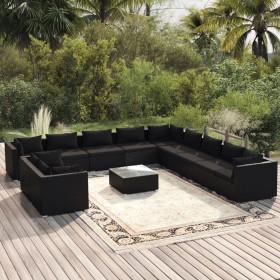 vidaXL 12-tlg. Garten-Lounge-Set mit Kissen Schwarz Poly Rattan