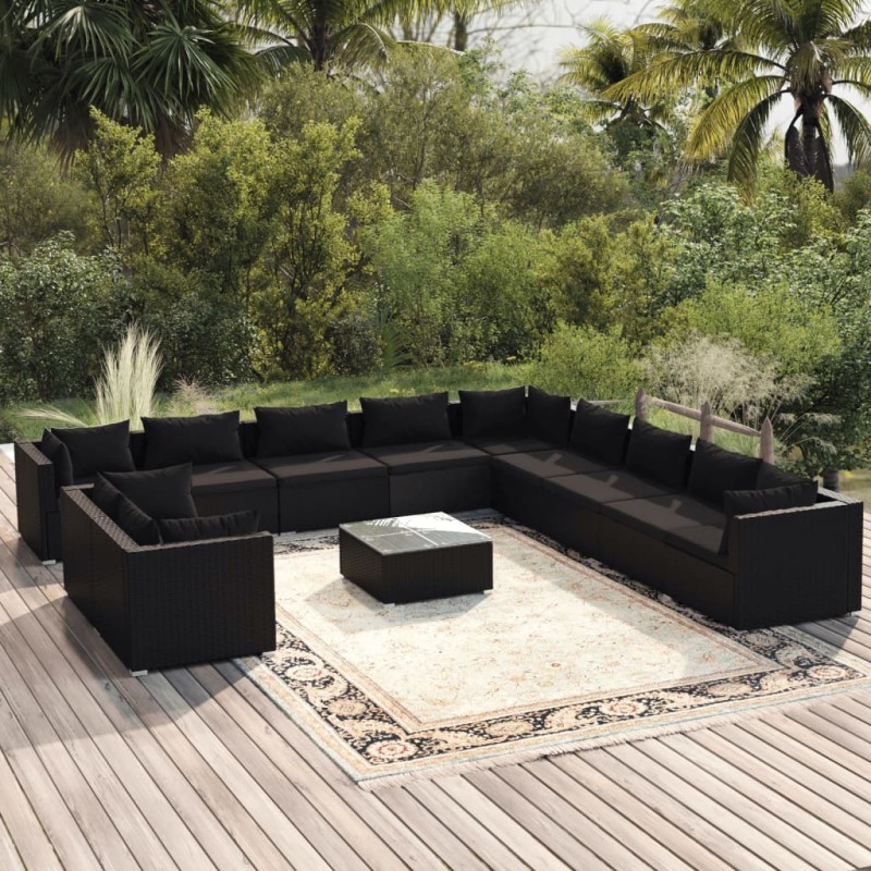 vidaXL 12-tlg. Garten-Lounge-Set mit Kissen Schwarz Poly Rattan vidaXL 12-tlg. Garten-Lounge-Set mit Kissen Schwarz Poly Rattan