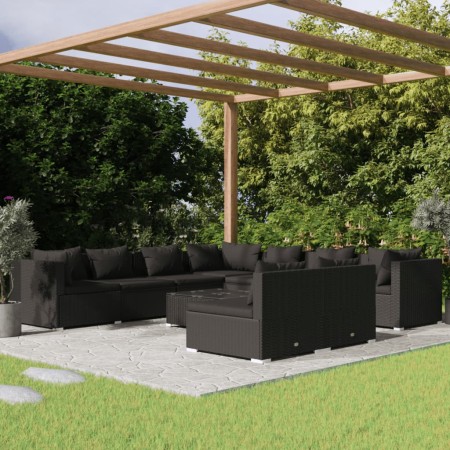 vidaXL 10-tlg. Garten-Lounge-Set mit Kissen Schwarz Poly Rattan