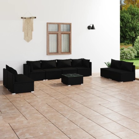 vidaXL 9-tlg. Garten-Lounge-Set mit Kissen Poly Rattan Schwarz