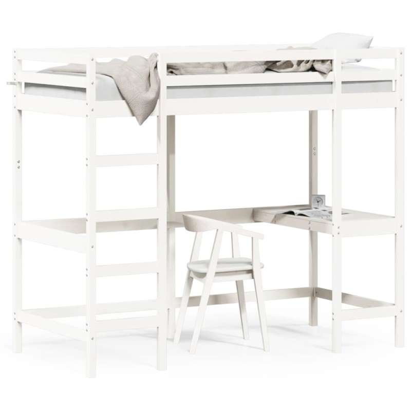 vidaXL Hochbett mit Schreibtisch Weiß 100x200 cm Massivholz Kiefer vidaXL Hochbett mit Schreibtisch Weiß 100x200 cm Massivholz Kiefer