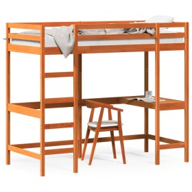 vidaXL Hochbett mit Schreibtisch Wachsbraun 90x200cm Massivholz Kiefer