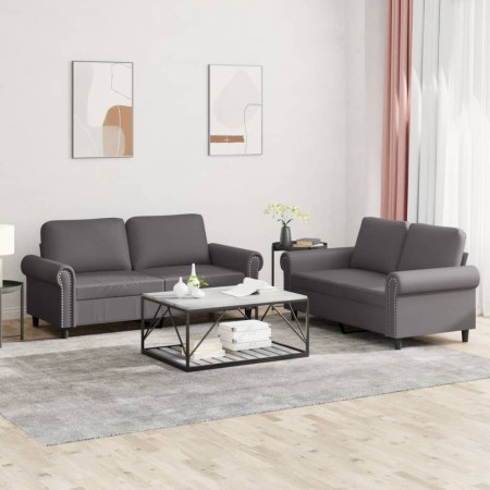 vidaXL 2-tlg. Sofagarnitur mit Kissen Grau Kunstleder