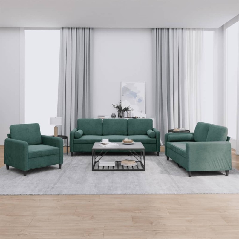vidaXL 3-tlg. Sofagarnitur mit Kissen Dunkelgrün Samt vidaXL 3-tlg. Sofagarnitur mit Kissen Dunkelgrün Samt