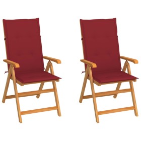 vidaXL Gartenstühle 2 Stk. mit Weinroten Kissen Massivholz Teak