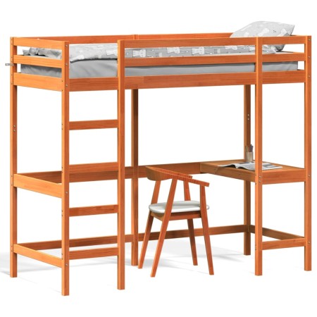 vidaXL Hochbett mit Schreibtisch Wachsbraun 75x190cm Massivholz Kiefer