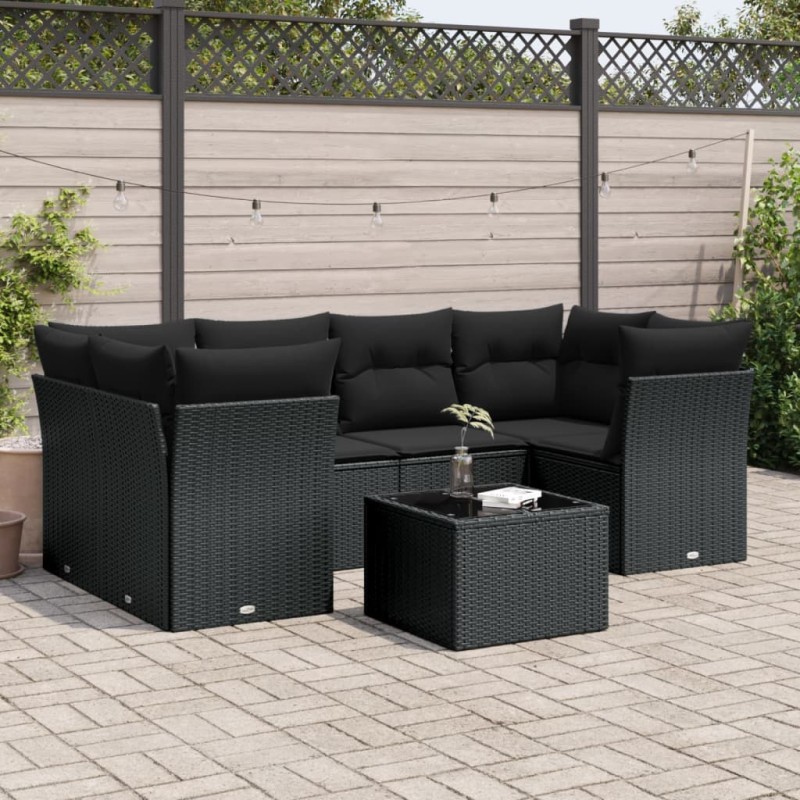 vidaXL 7-tlg. Garten-Sofagarnitur mit Kissen Schwarz Poly Rattan vidaXL 7-tlg. Garten-Sofagarnitur mit Kissen Schwarz Poly Rattan