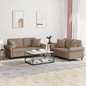 vidaXL 2-tlg. Sofagarnitur mit Kissen Cappuccino-Braun Kunstleder