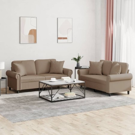 vidaXL 2-tlg. Sofagarnitur mit Kissen Cappuccino-Braun Kunstleder
