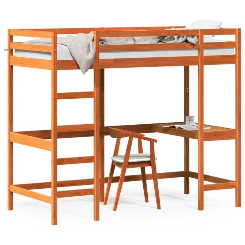 vidaXL Hochbett mit Schreibtisch Wachsbraun 100x200 cm Massivholz vidaXL Hochbett mit Schreibtisch Wachsbraun 100x200 cm Massivholz