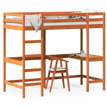 vidaXL Hochbett mit Schreibtisch Wachsbraun 90x190cm Massivholz Kiefer