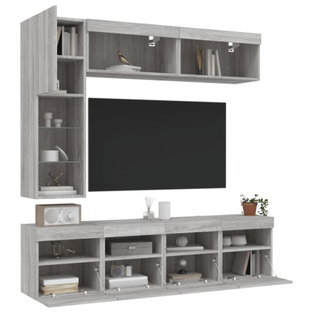 vidaXL 7-tlg. TV-Wohnwand mit LED-Leuchten Grau Sonoma