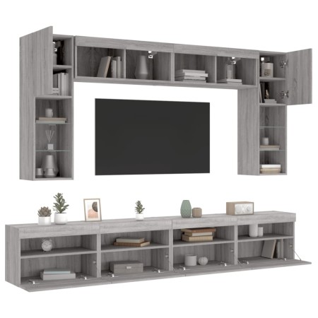 vidaXL 8-tlg. TV-Wohnwand mit LED-Leuchten Grau Sonoma