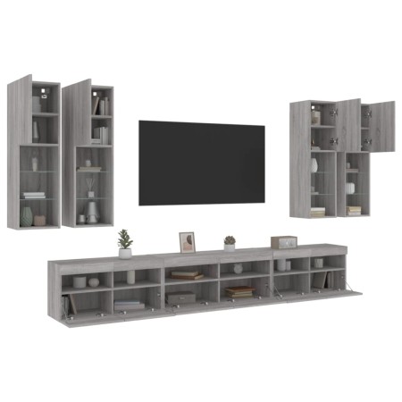 vidaXL 7-tlg. TV-Wohnwand mit LED-Leuchten Grau Sonoma