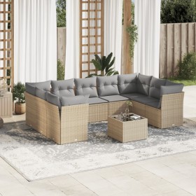 vidaXL 10-tlg. Garten-Sofagarnitur mit Kissen Beige Poly Rattan