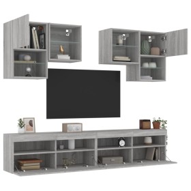 vidaXL 6-tlg. TV-Wohnwand mit LED-Leuchten Grau Sonoma