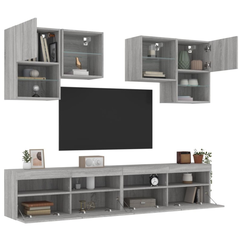 vidaXL 6-tlg. TV-Wohnwand mit LED-Leuchten Grau Sonoma vidaXL 6-tlg. TV-Wohnwand mit LED-Leuchten Grau Sonoma