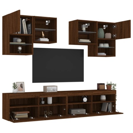 vidaXL 6-tlg. TV-Wohnwand mit LED-Leuchten Braun Eichen-Optik