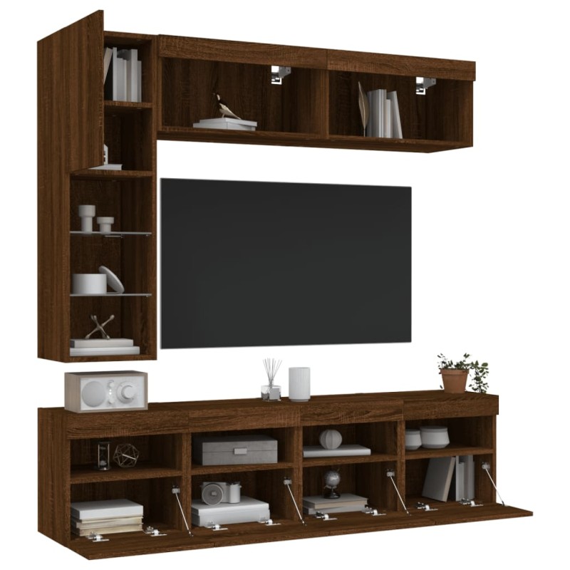 vidaXL 7-tlg. TV-Wohnwand mit LED-Leuchten Braun Eichen-Optik