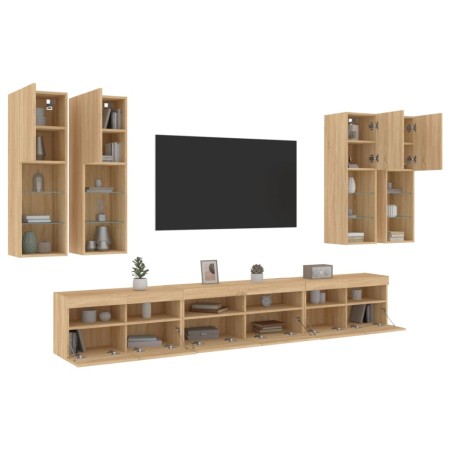 vidaXL 7-tlg. TV-Wohnwand mit LED-Leuchten Sonoma-Eiche