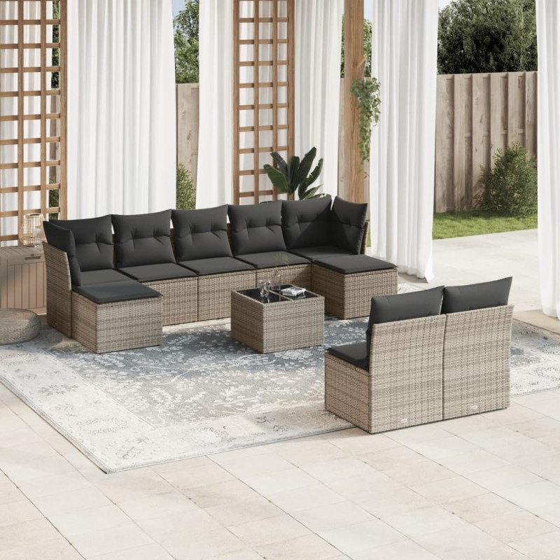vidaXL 10-tlg. Garten-Sofagarnitur mit Kissen Grau Poly Rattan vidaXL 10-tlg. Garten-Sofagarnitur mit Kissen Grau Poly Rattan